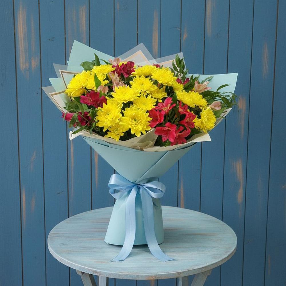 Букет цветов из: Альстромерии и Хризантемы в Радуге