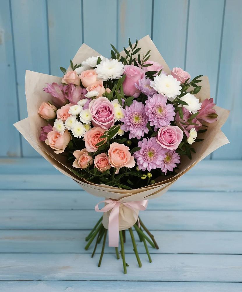 Букет цветов из: Хризантемы, Розы и Альстромерии в Радуге