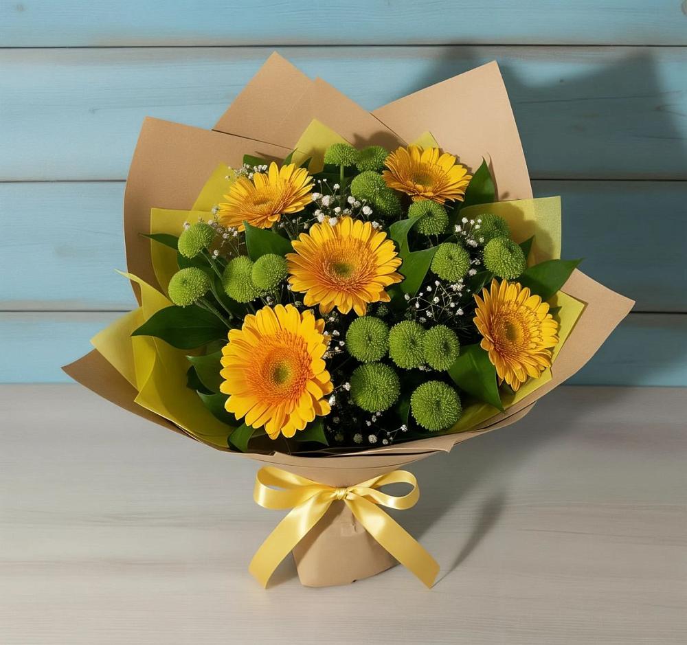 Букет цветов из: Герберы и Хризантемы в Радуге
