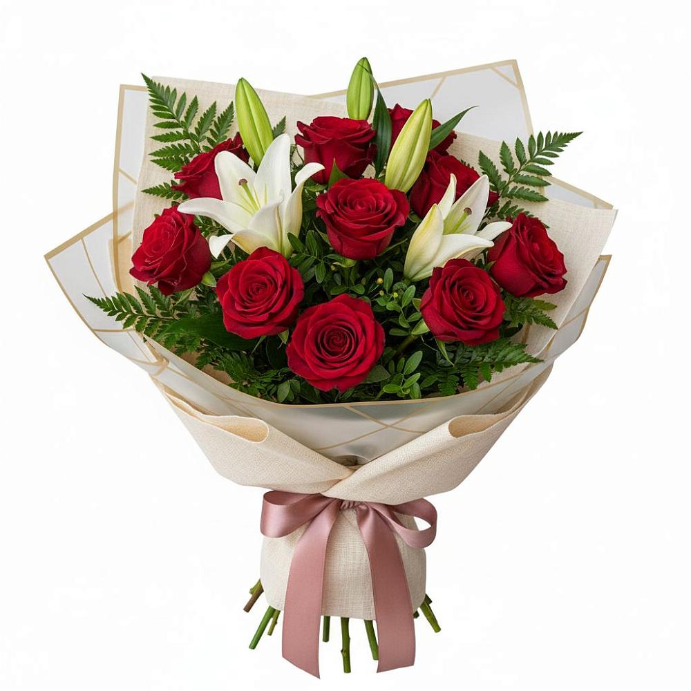 Букет цветов из: Лилии и Розы в Радуге