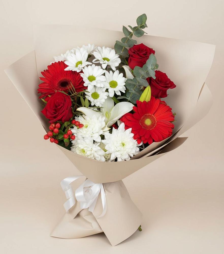 Букет цветов из: Розы, Хризантемы, Герберы и Лилии в Радуге