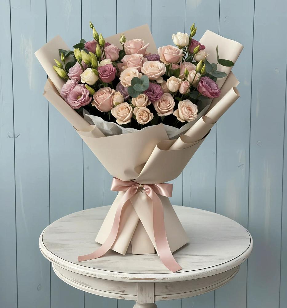 Букет цветов из: Розы и Лизиантусы в Радуге