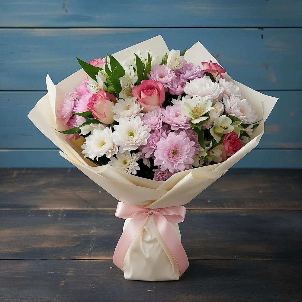 Букет цветов из: Хризантемы, Альстромерии и Розы в Радуге